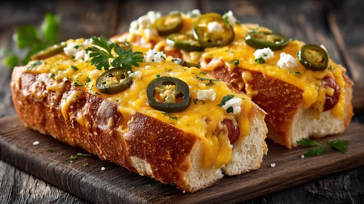 Delicious Cheesy Hot Dog Sandwiches Topped with JalapeƱos and Fresh Herbs on a Rustic Wooden Board