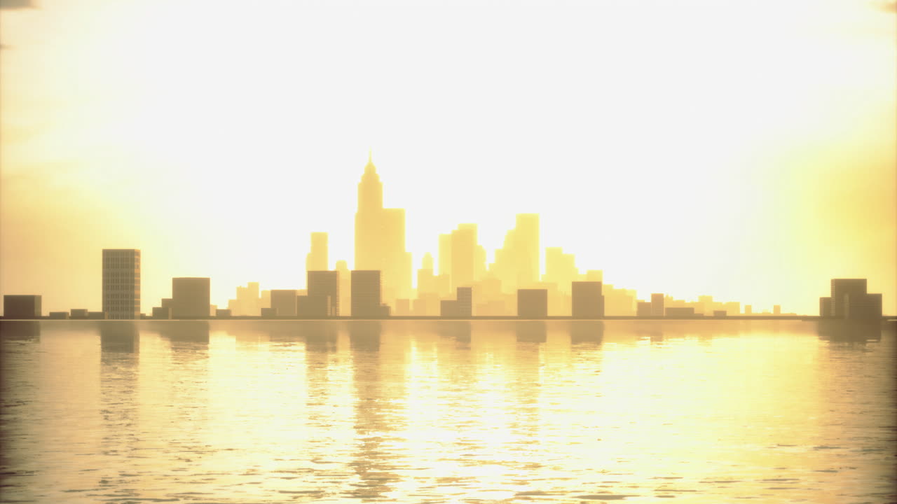 Nascer do sol brilhante sobre o horizonte de uma cidade refletindo em águas calmas