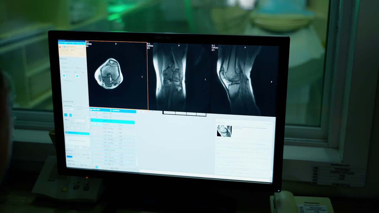 Computer shows the tomography pictures. Screen displays patient's bones. Medical worker analysis the results of mri diagnostic in the laboratory room.