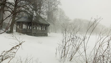 Mirador-Solitario-En-Un-Parque-Durante-Una-Tormenta-De-Nieve