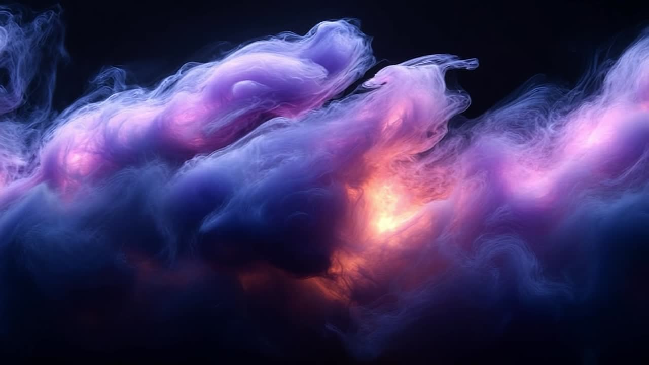 Glowing night clouds. Vibrant clouds in shades of purple and pink create a mystical atmosphere against a dark background at night.