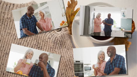 animation of four frames with senior diverse couple spending time at home over cup of coffee