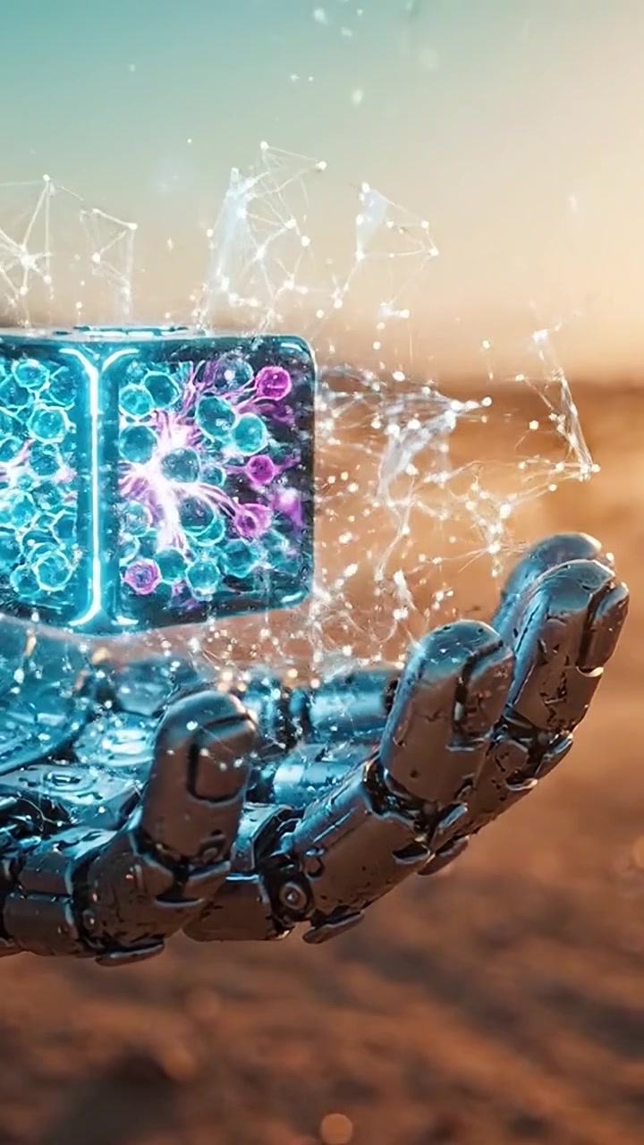 Futurystyczna Ręka Robota Wyświetlająca Świecący, Naukowy Sześcian Emitujący Wzory Energii Pod Zachodem Słońca, Symbolizująca Technologię i Innowację w Pustynnym Krajobrazie