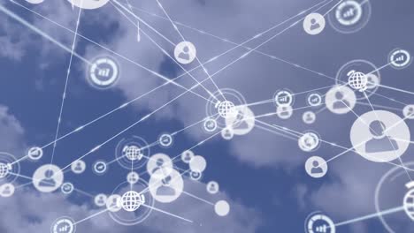 digitale animatie van een netwerk van verbindingen tegen wolken in de blauwe hemel