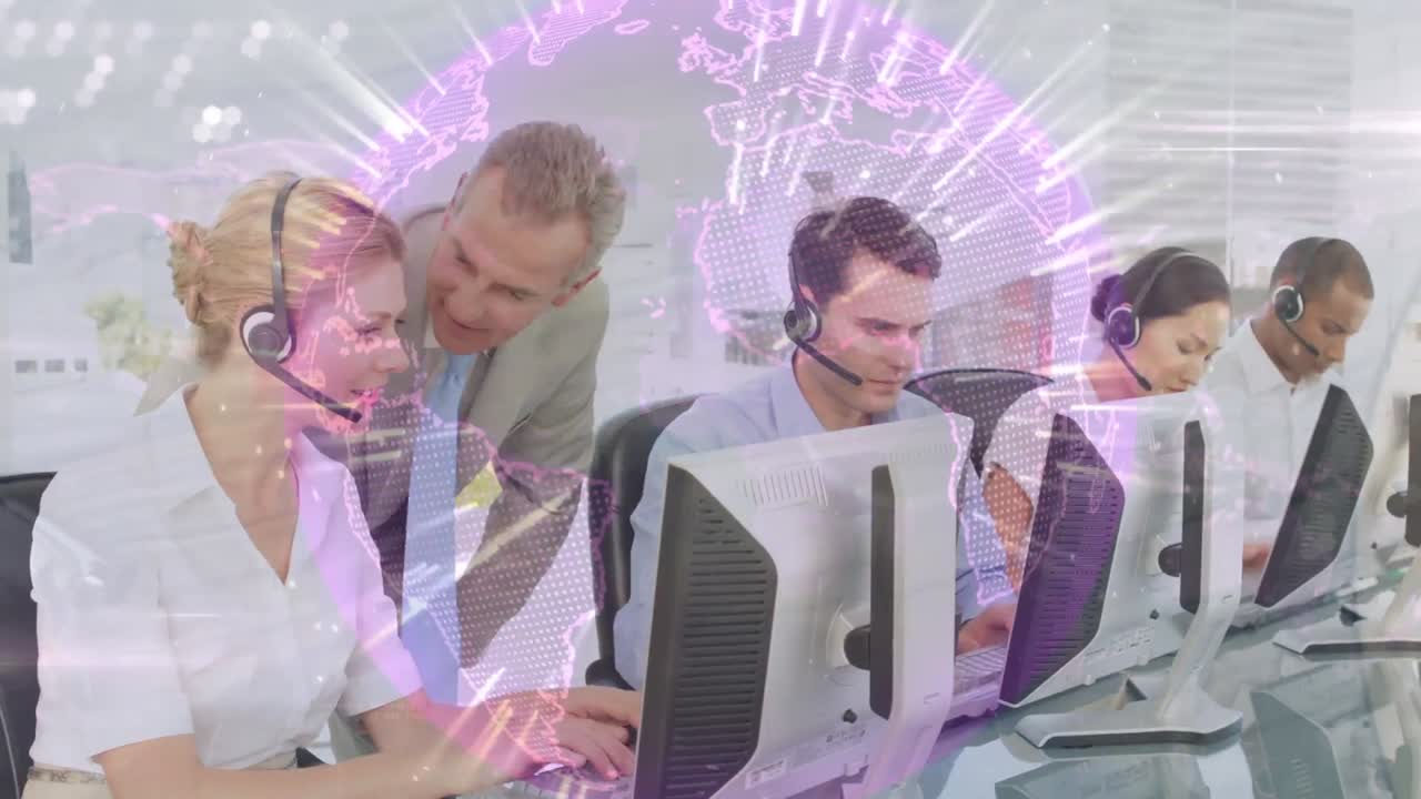 전화 헤드 ⁇  을 사용하는 사업가 들 의 전 세계 에 대한 애니메이션