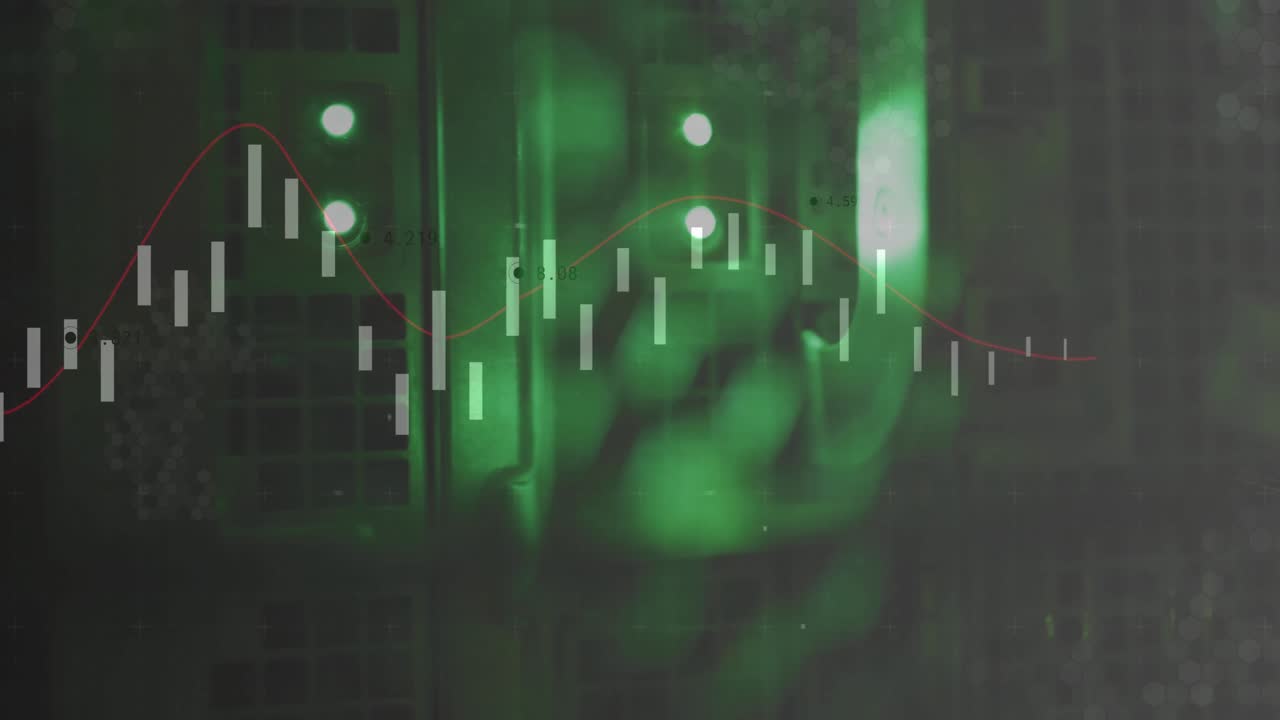 Exibindo barras de candlestick financeiras transparentes com linha de tendência vermelha sobre LEDs de servidor desfocados