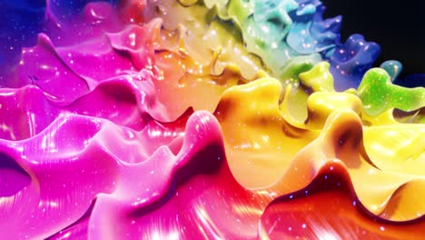 smooth abstract animation of liquid gradient rainbow color in 4k. bright glossy paint surface as abstract looped festive background. glitters on viscous liquid with 3d splashes on surface like drops.