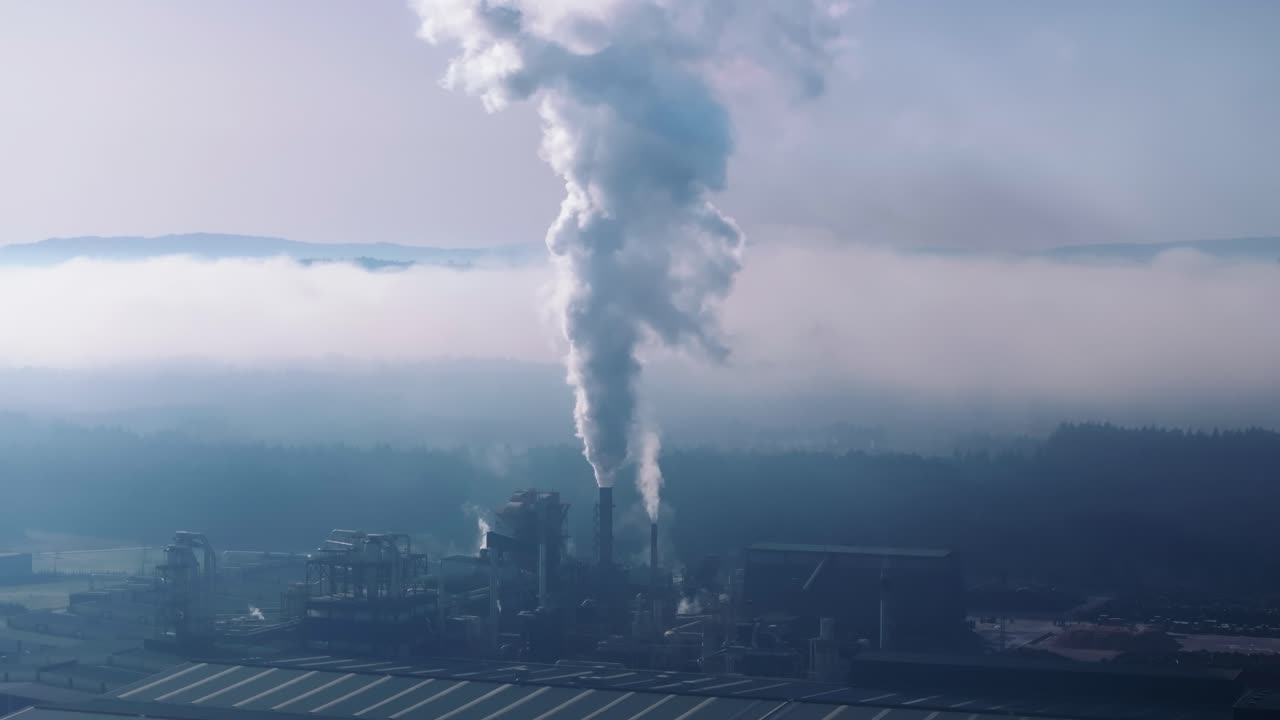 fumo che sale dai camini di una fabbrica industriale al crepuscolo