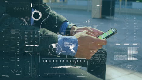 person using smartphone with animation overlay displaying data and graphs