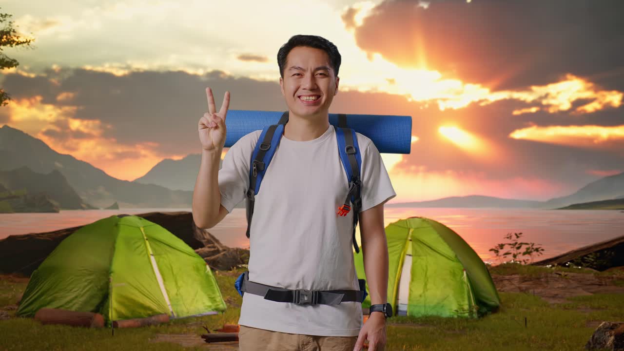 Happy Camper with Backpack at Sunrise