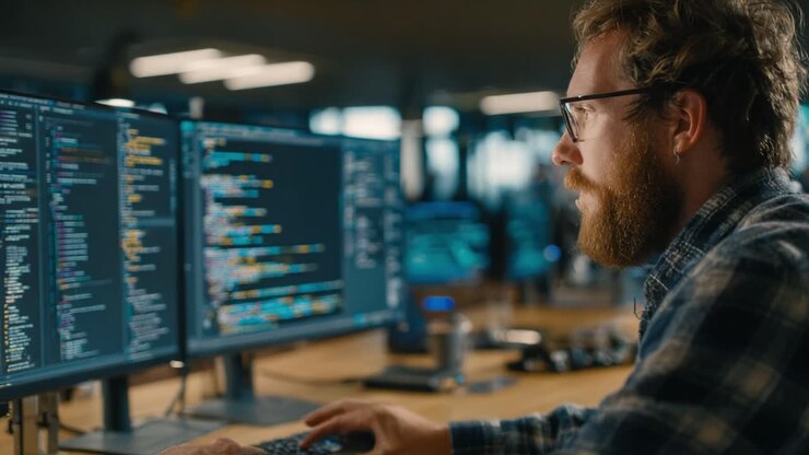 Focused Programmer Engaged in Coding at Dual Monitors: A Glimpse into the World of Software Development and Technology Innovation