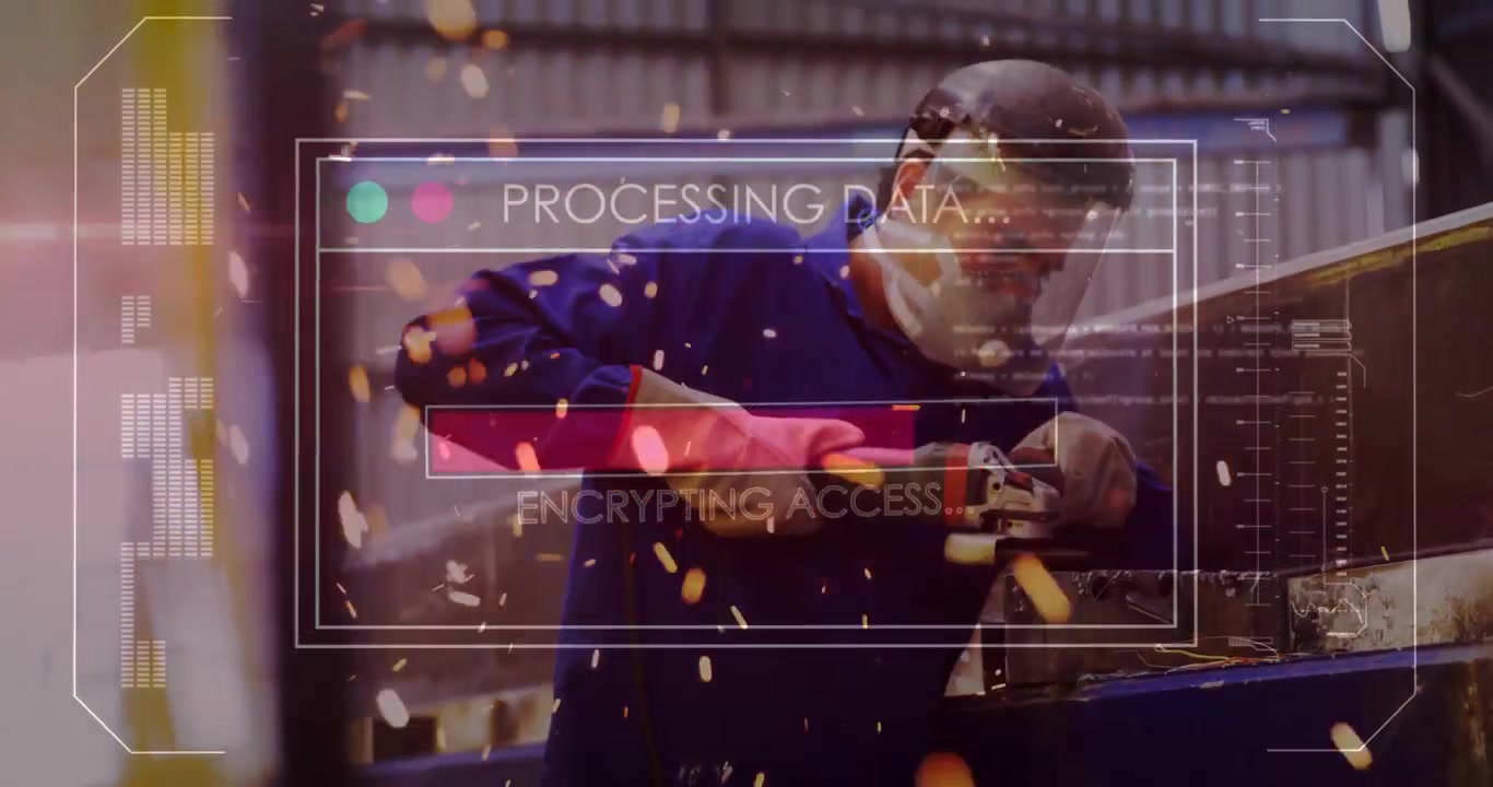 Positioning grinder, worker in blue coverall grinding metal beam at workshop to smooth edge, HUD