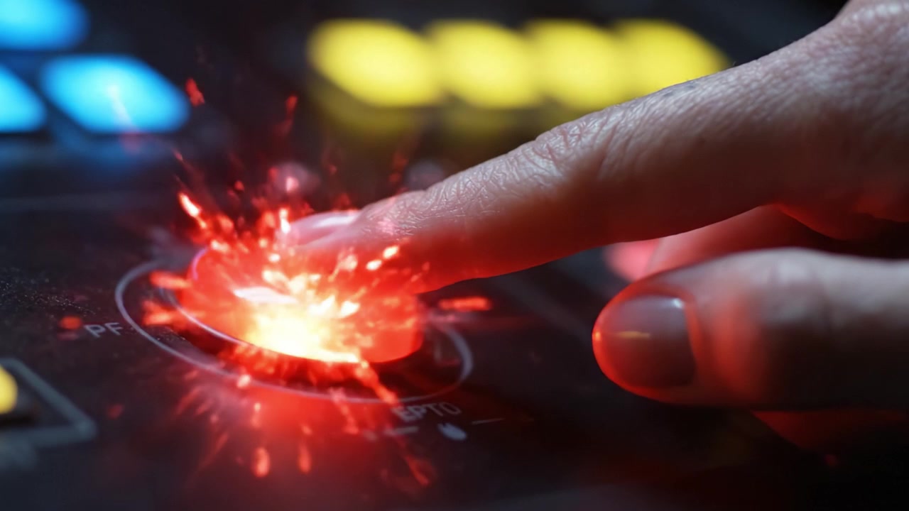 Close-up Interaction with Control Panel: A Hand Presses the Red Button Amidst Colorful Lights and Indicators, Signifying Control in a Complex System