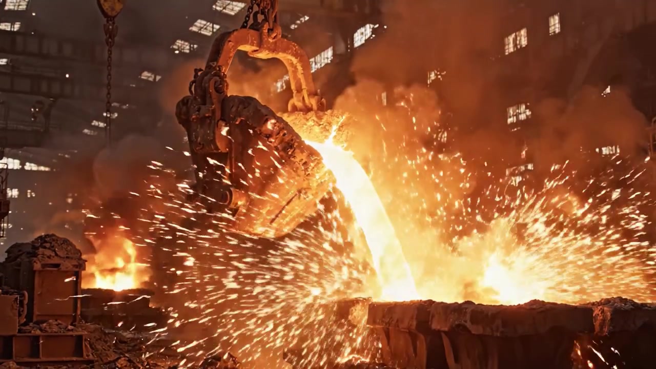 Hot Molten Metal Poured from a Crane in an Industrial Foundry, Showcasing the Intense Heat and Activity Within the Manufacturing Environment