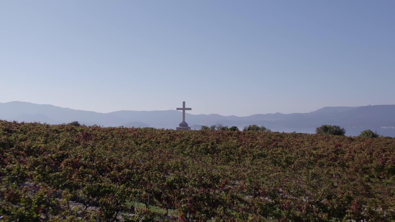 Captura aérea de fileiras de vinhedos e uma cruz solitária em terreno acidentado, Slivno