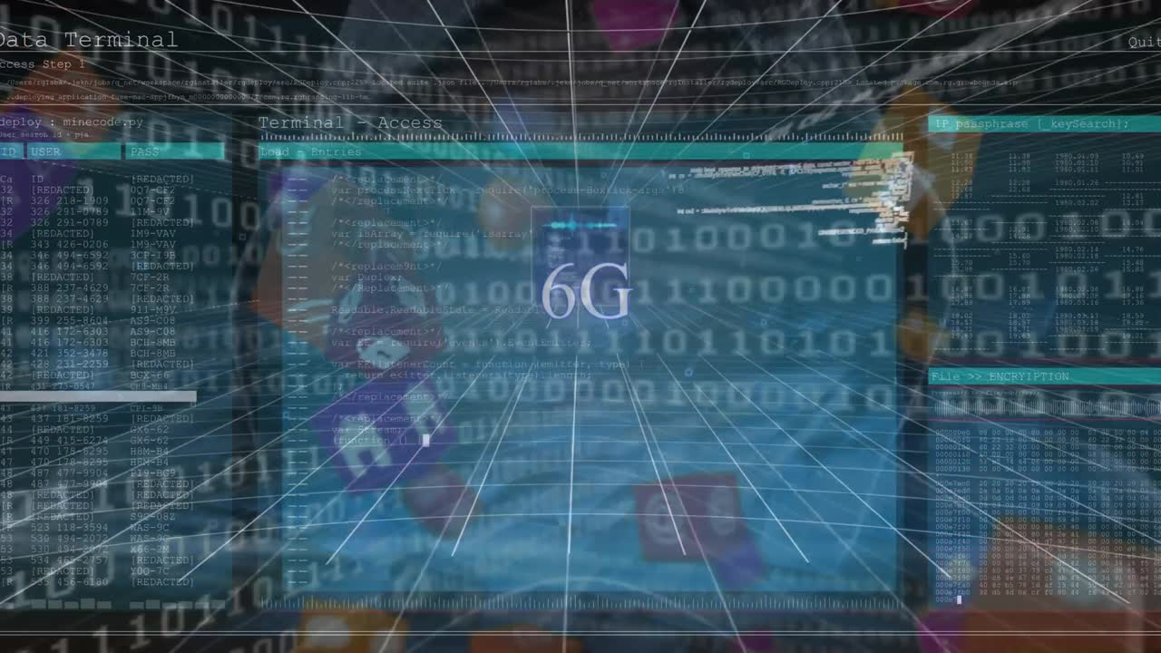 Animation of 6g text, globe and data processing over caucasian hacker