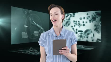 animación de una mujer de negocios que usa una tableta sobre pantallas con procesamiento de datos médicos
