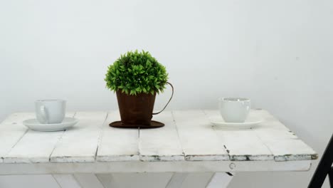 cups and pot plant on wooden table 4k