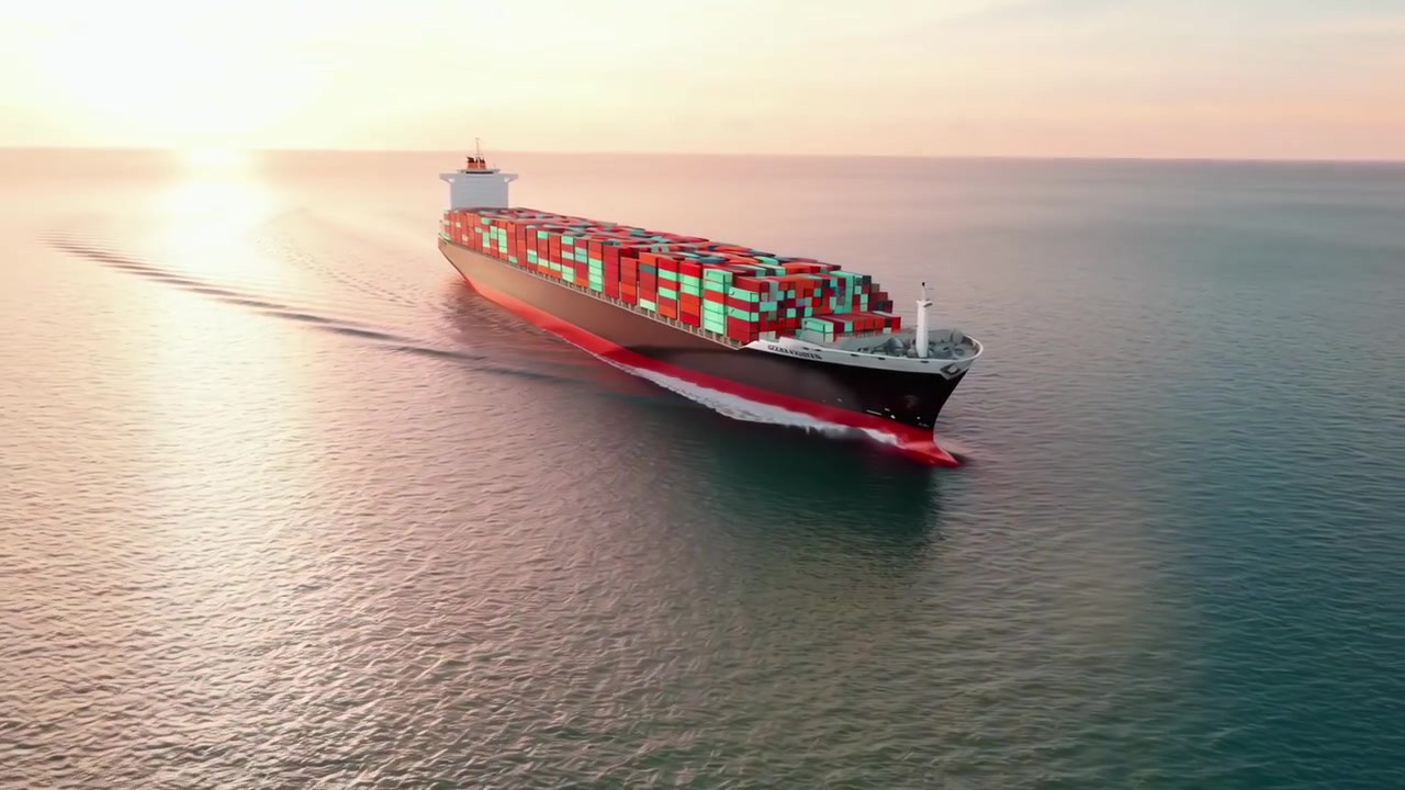 Large Container Ship Sailing on the Ocean at Sunrise