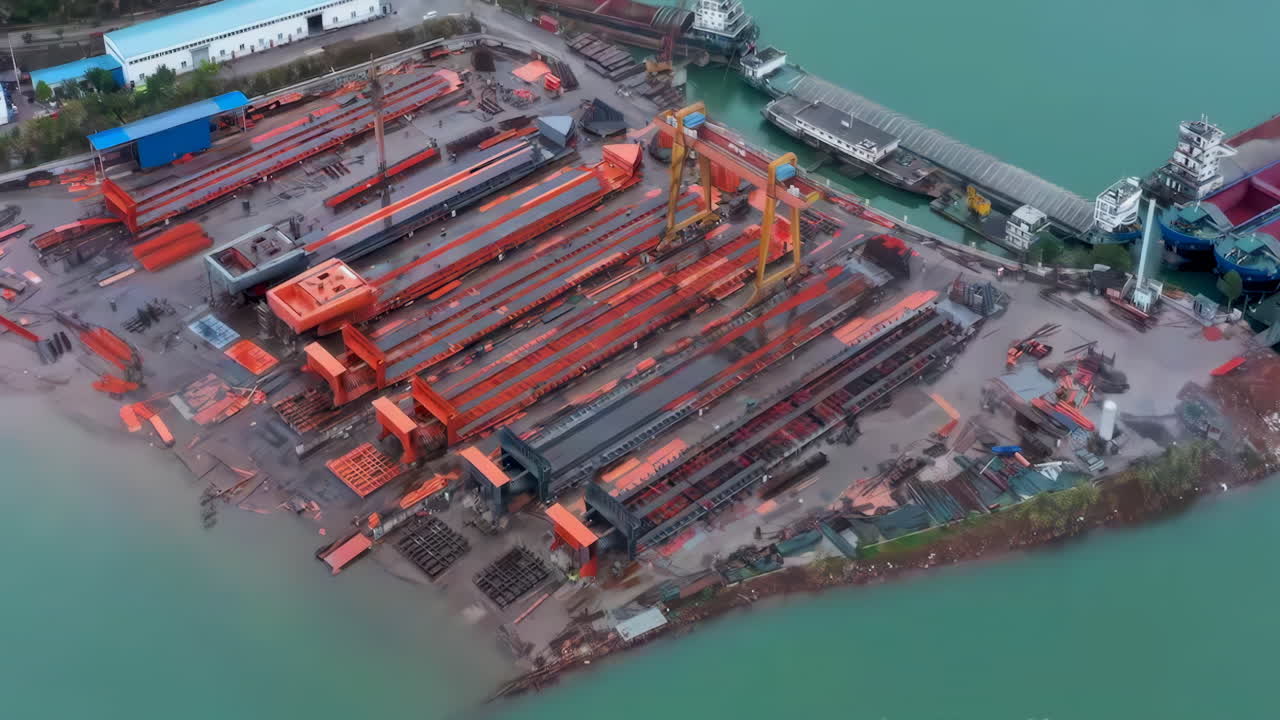 Industrial factory real shot of Shipbuilding and ship repair yard. Shipyard contains many cranes, dry docks, slipways, warehouses, painting facilities and large areas for fabrication of ships