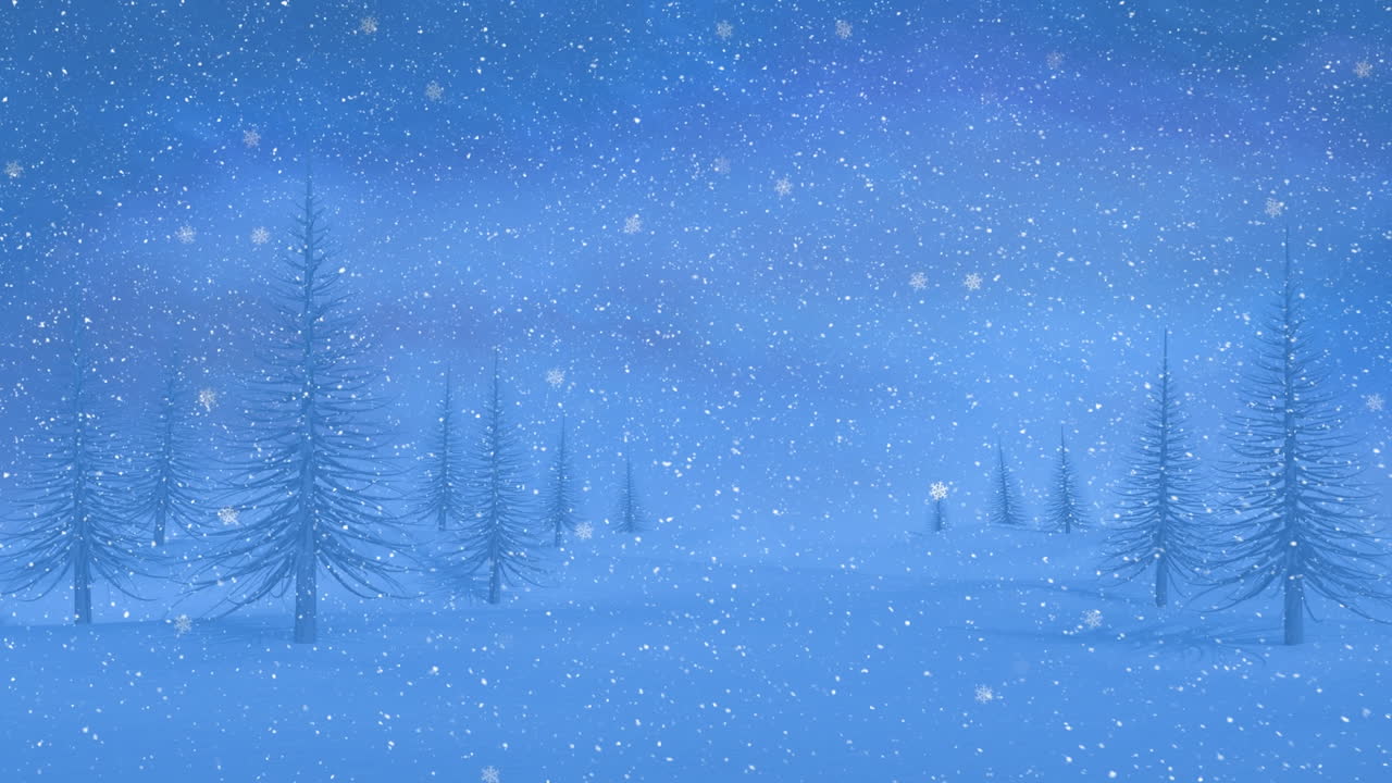 겨울 소나무 위에 내리는 눈의 애니메이션 풍경 배경