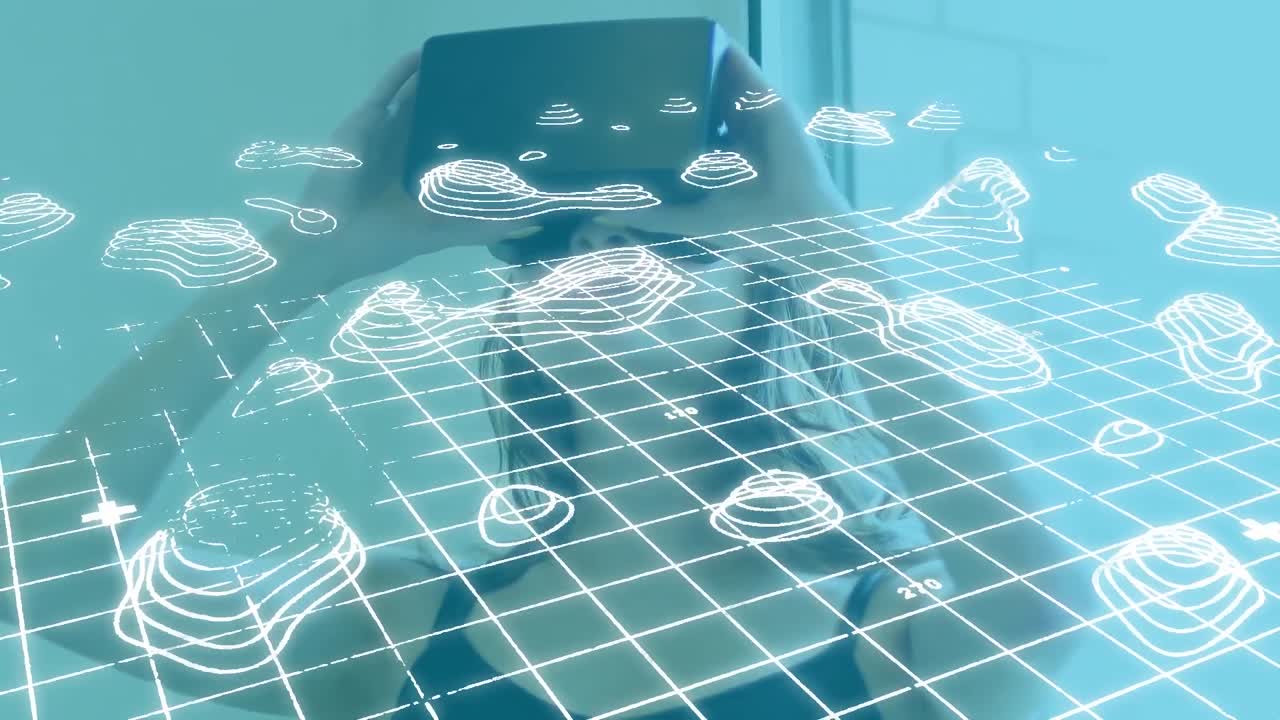 지도의 선을 가진 그리드에 맞춰 가상 현실 헤드 ⁇ 을 착용한 여성의 애니메이션