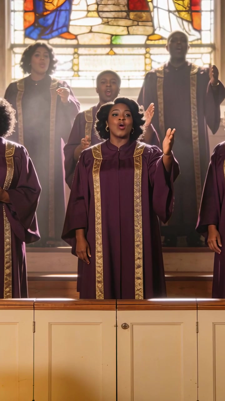 Video verticale: Cantante solista in abiti viola che inizia una frase, guidando il coro presso le vetrate colorate della chiesa.