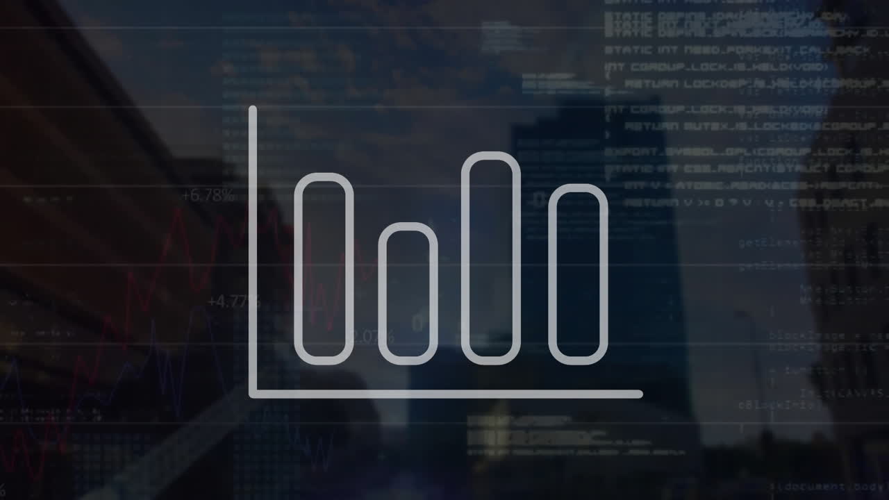 animación del procesamiento de datos financieros sobre el paisaje urbano sobre un fondo oscuro