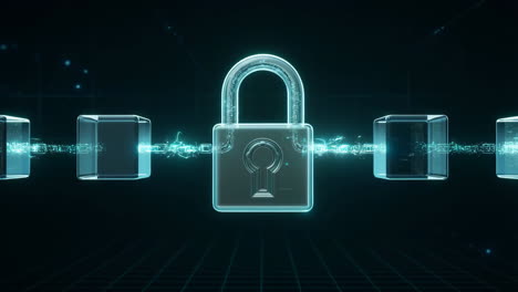 digital security and blockchain concept with padlock and connected blocks