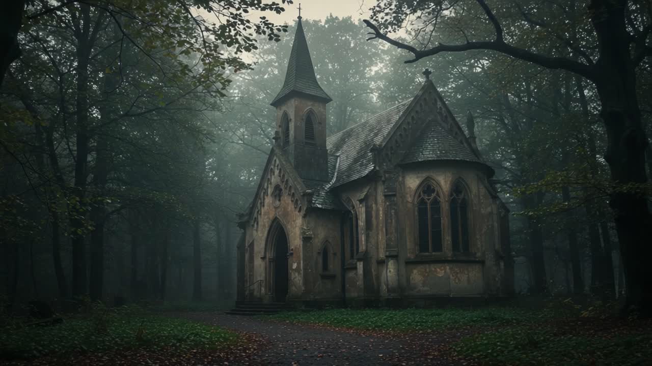 A Mysterious Abandoned Church Surrounded by Dense Fog and Enigmatic Forest Landscape, Evoking a Sense of Intrigue and Haunting Beauty