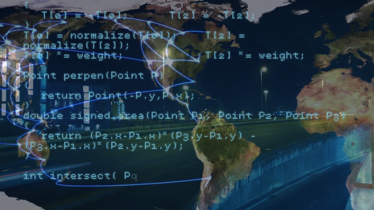 세계 지도에서 여행 연결 네트워크를 통해 데이터 처리의 애니메이션