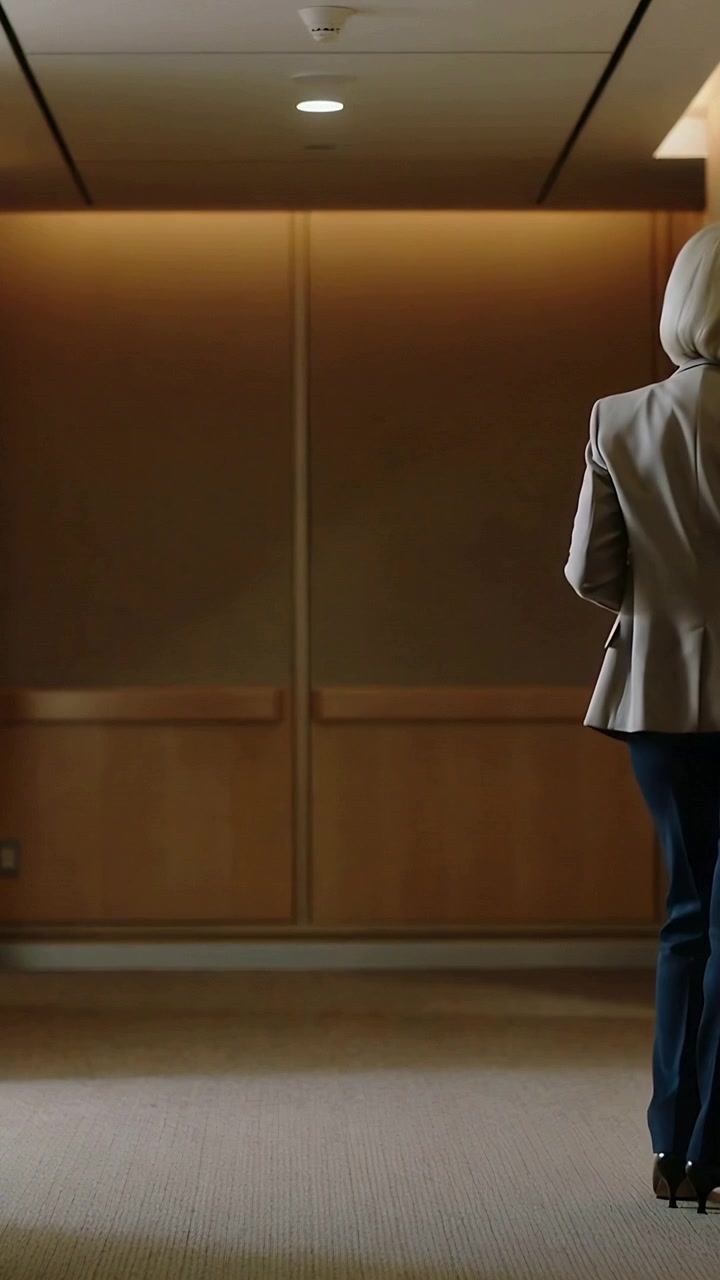 Vertical video: Entering left frame, woman walking in blazer with tablet reading in hall