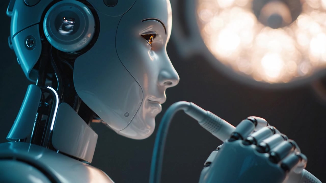 A futuristic robotic assistant prepares for surgical procedures, showcasing advanced technology and integration within a clinical setting illuminated by bright lights.