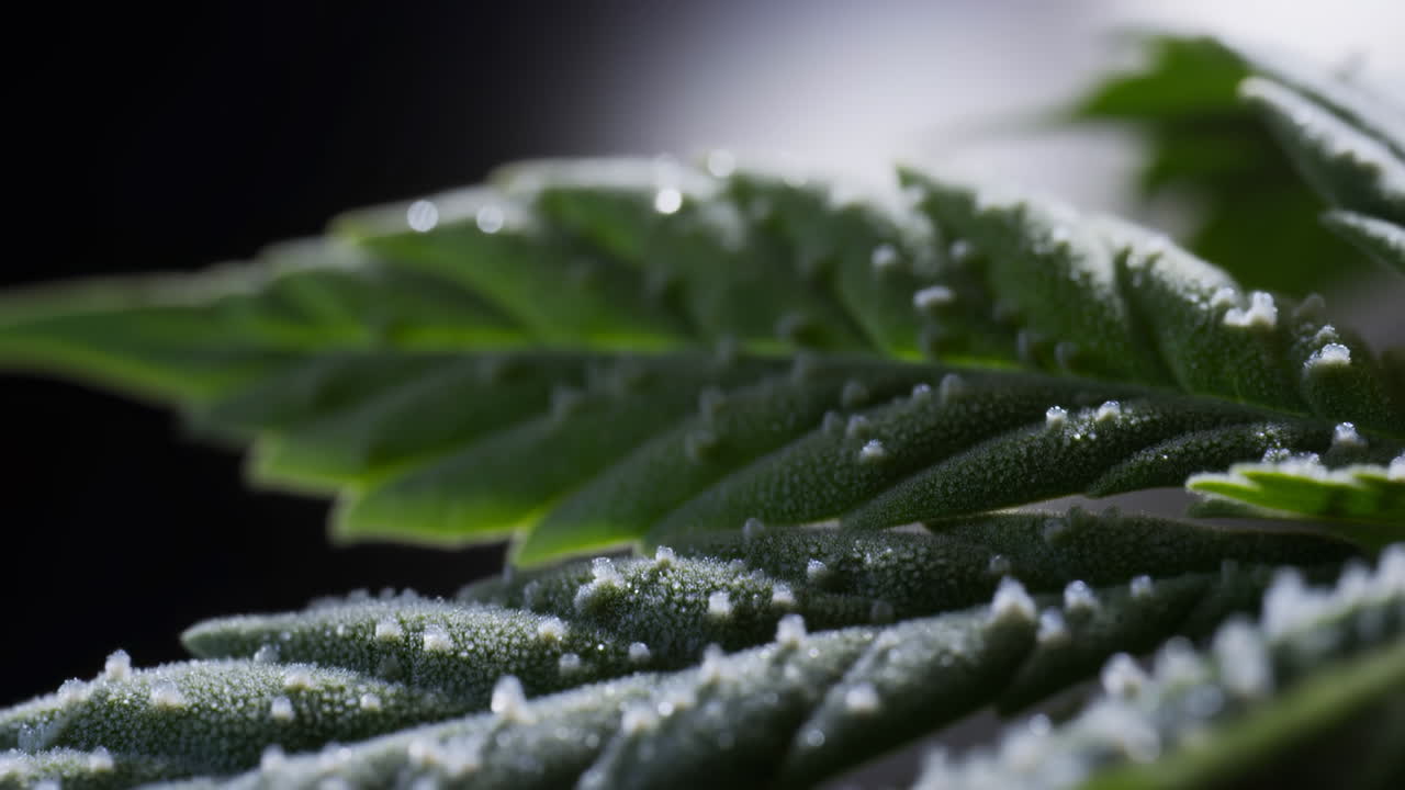 Primo piano di foglia di cannabis coperta di tricomi scintillanti.