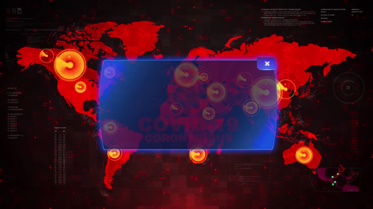 Warning, coronavirus Covid 19 text, infected Blinking. corona virus Warning message alert on World Map Loop Animation screen.