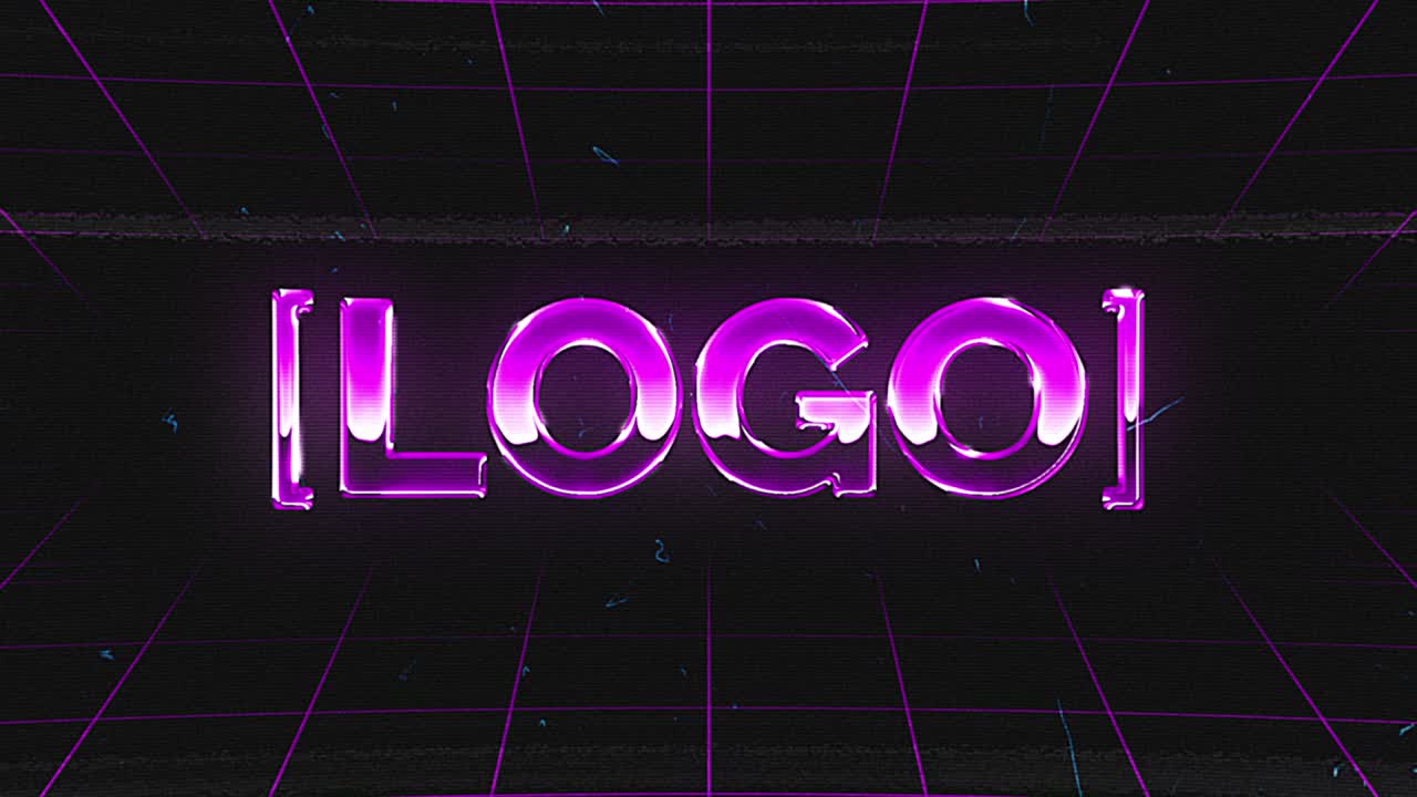 Rivelazione di un testo logo neon viola su uno sfondo a griglia retrò.