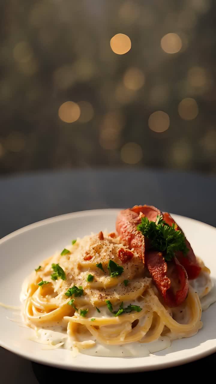Deliziosi spaghetti cremosi con pancetta, formaggio e prezzemolo