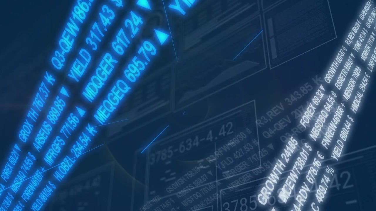 Blue ribbon appearing, curved ribbon sweeping and white tickers rotating, visualizing market trends