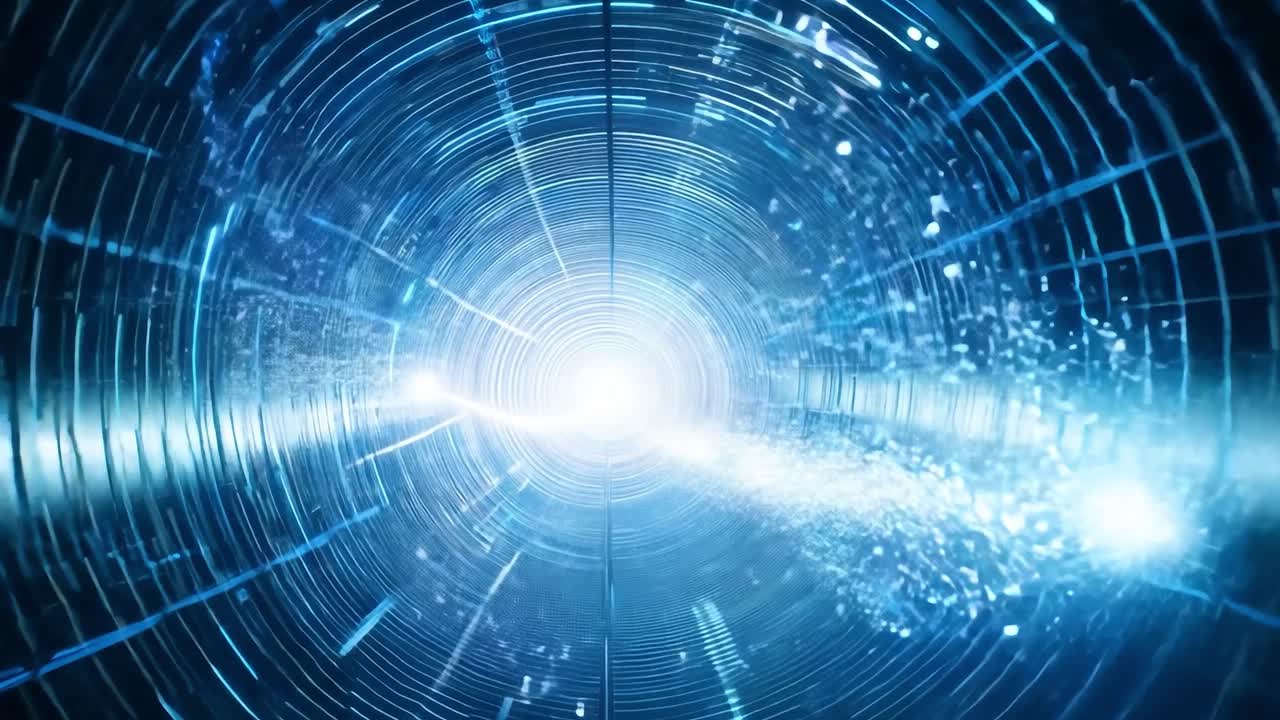 선과 기하학적 모양으로 빛나는 파란색 터널의 추상적인 디지털 예술