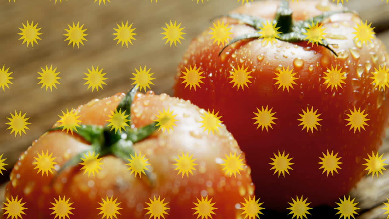 토마토 위에 여러 개의 태양이 떨어지는 애니메이션