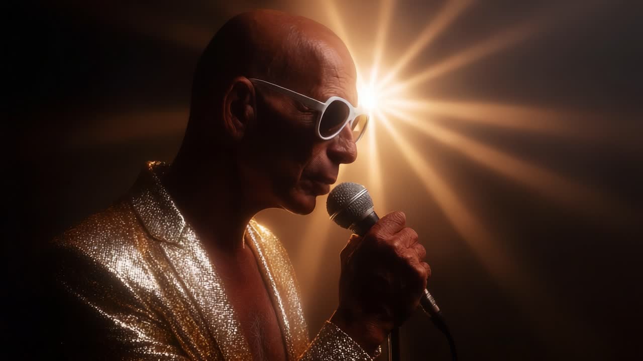 Captivating Performance: A Solo Artist in a Dazzling Outfit and Sunglasses Singing Passionately into a Microphone Against a Backdrop of Brilliant Lights and Dramatic Atmosphere