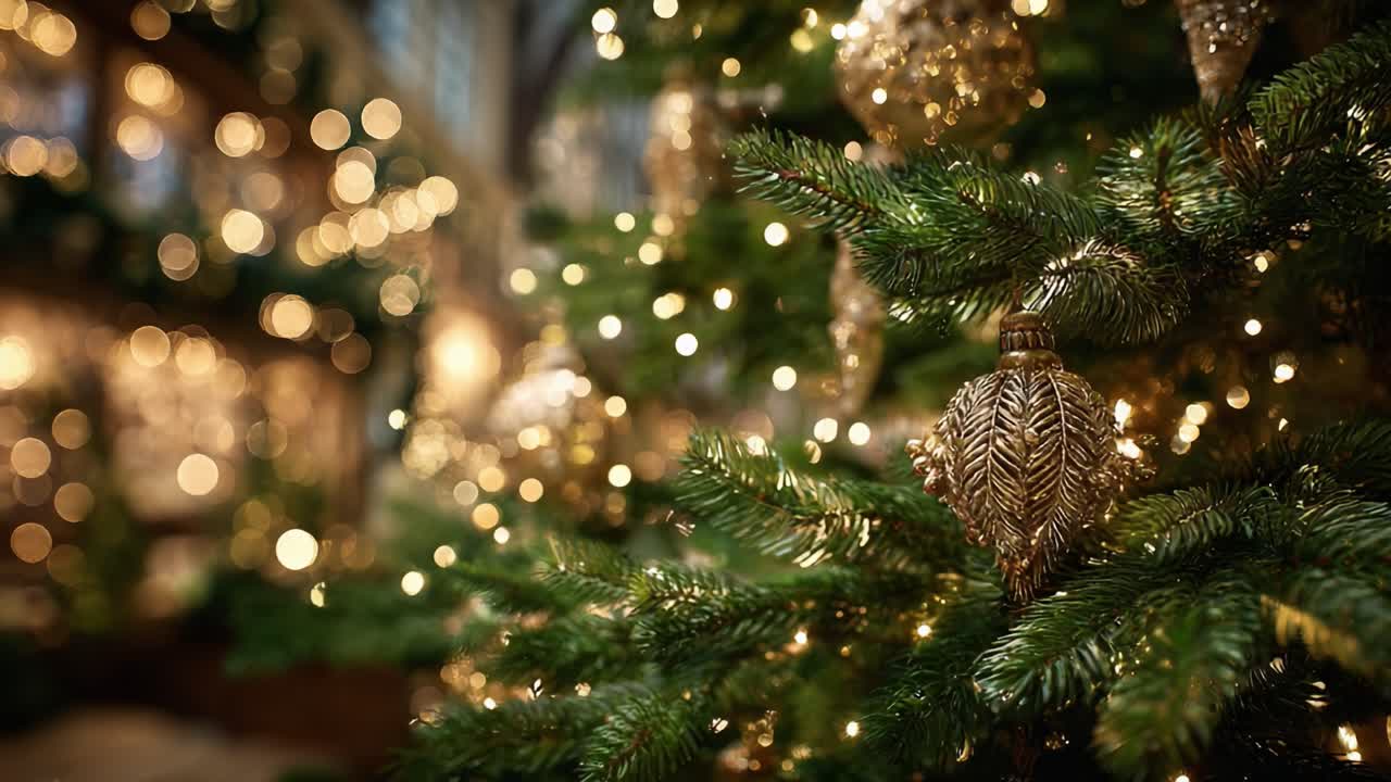 A Close-Up View of a Beautifully Decorated Christmas Tree Adorned with Shimmering Ornaments and Dazzling Lights Creating a Magical Holiday Atmosphere