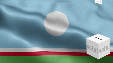 las papeletas de votación vuelan a la caja para la selección de la república de sakha - caja de votación frente a la bandera - elección - voto - bandera de la república del sakha - bandera de las repúblicas de sakha alto detalle - bandera nacional de la república duelo de sakha elementos de bucle