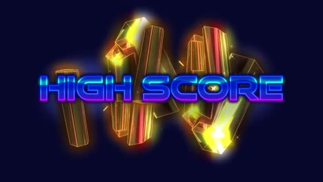 Animation-of-high-score-text-over-geometrical-3d-glowing-moving-shapes