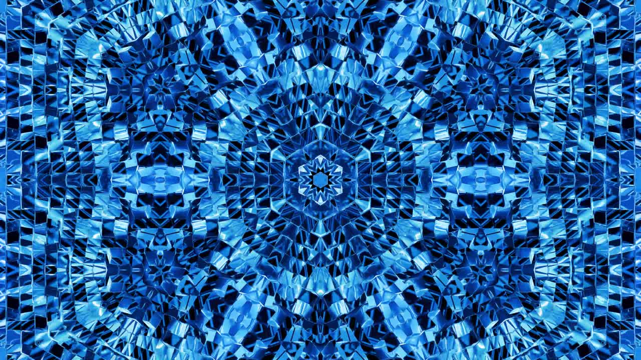 fondo simétrico abstracto con simetría estelar. mandala con olas. fondo líquido azul abstracto en bucle con patrón brillante ondulado, superficie brillante y brillante. efecto caleidoscopio