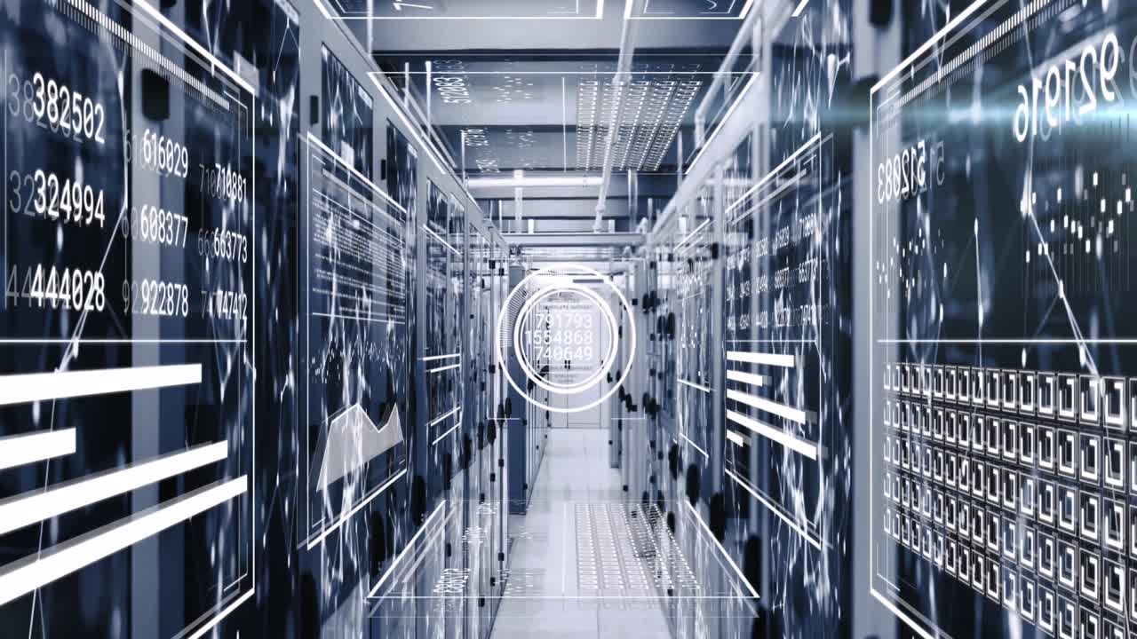 Animation of interface with data processing and network of connections against computer server room