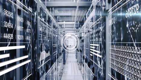 animación de la interfaz con el procesamiento de datos y la red de conexiones contra la sala de servidores de computadoras