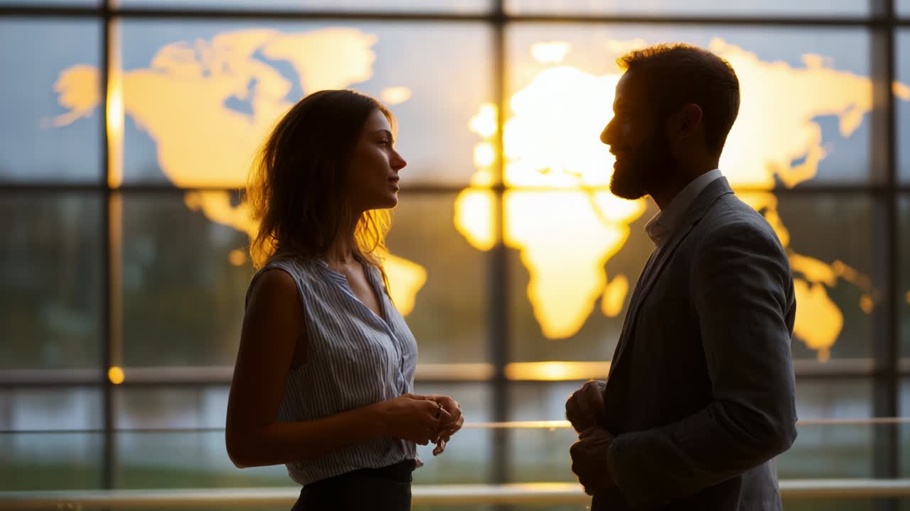 A captivating scene of a thoughtful conversation between two individuals, silhouetted against a warm, glowing map backdrop, symbolizing connection and dialogue across cultures and ideas