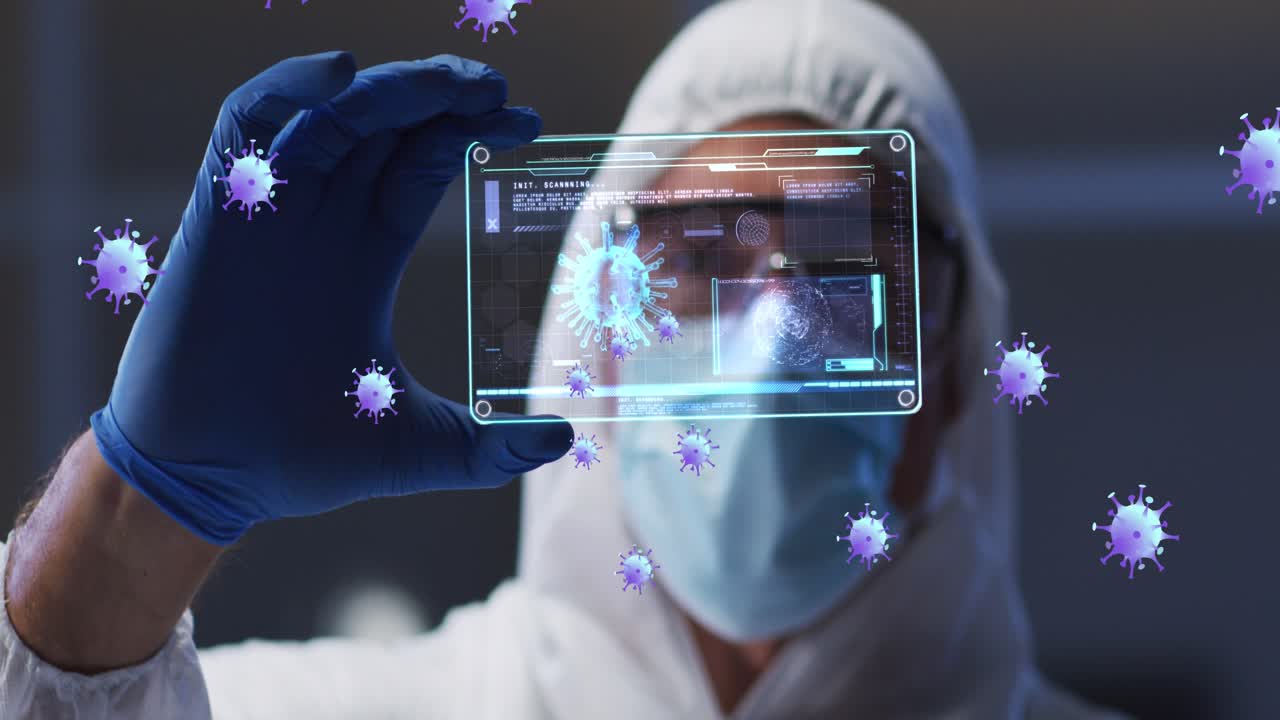 Animation of purple virus cells over caucasian male lab worker in safety clothes with digital card