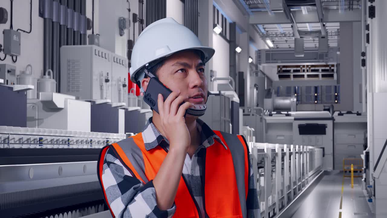 Close Up Of Asian Male Engineer With Safety Helmet Talking On Smartphone While Standing At Pharmaceutical Factory, Vaccine Production Facility